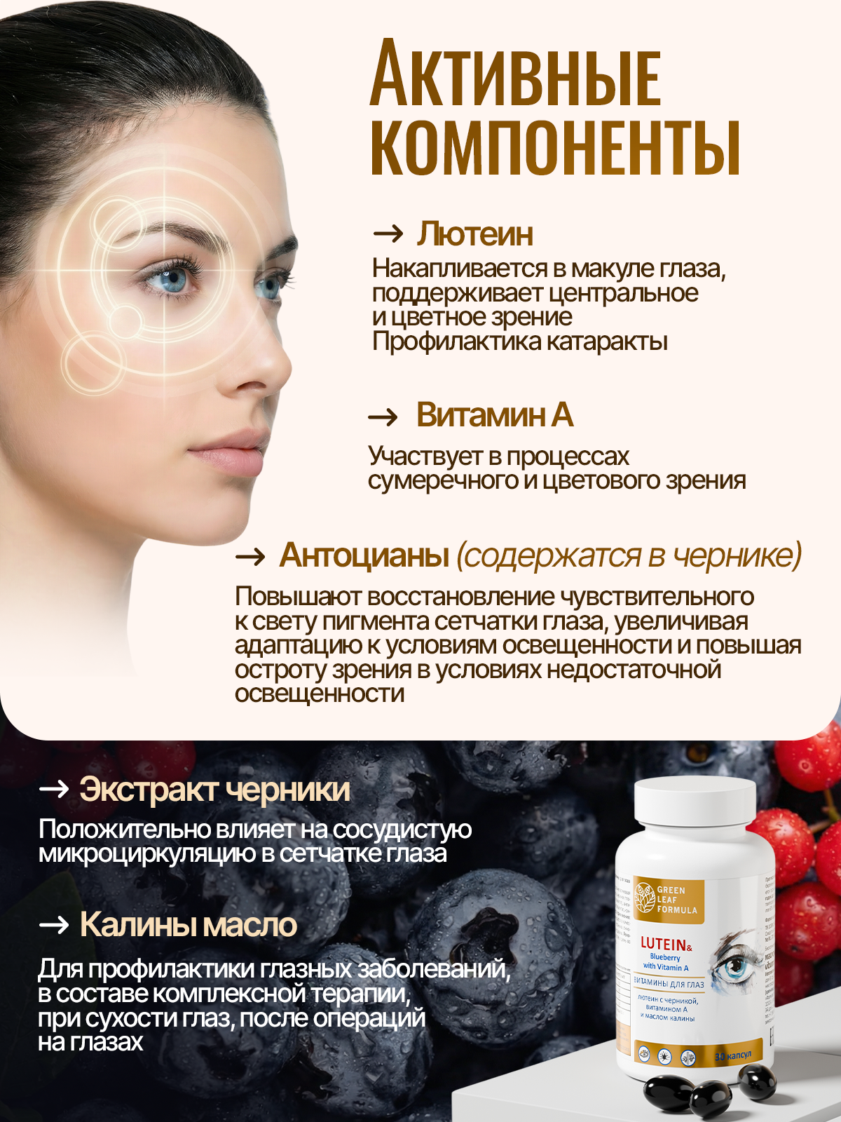 Лютеин комплекс для глаз Green Leaf Formula витамины для зрения черника с витамином А масло калины - фото 3