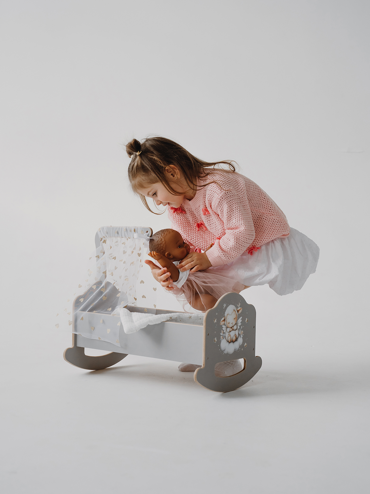 Аксессуар для кукол Pema kids кровать, люлька, бутылочка 475720 Кроватка 45 см с балдахином (Серый/Принт) - фото 10