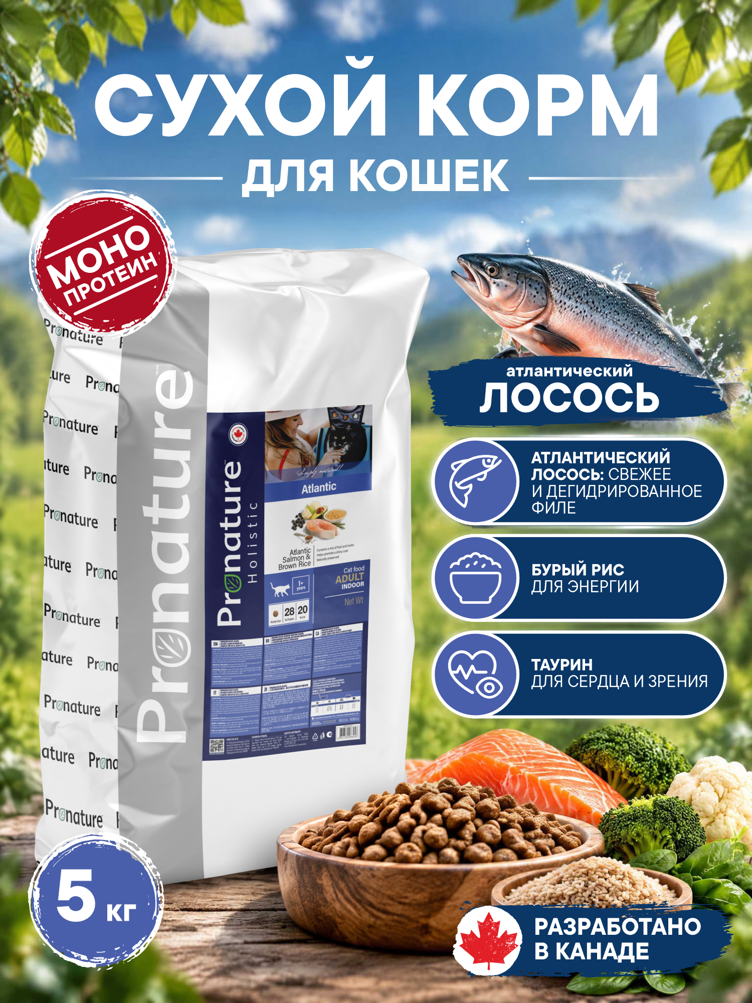 Корм для кошек сухой Pronature Holistic Atlantic для кожи и шерсти на лососе с рисом 5кг - фото 1