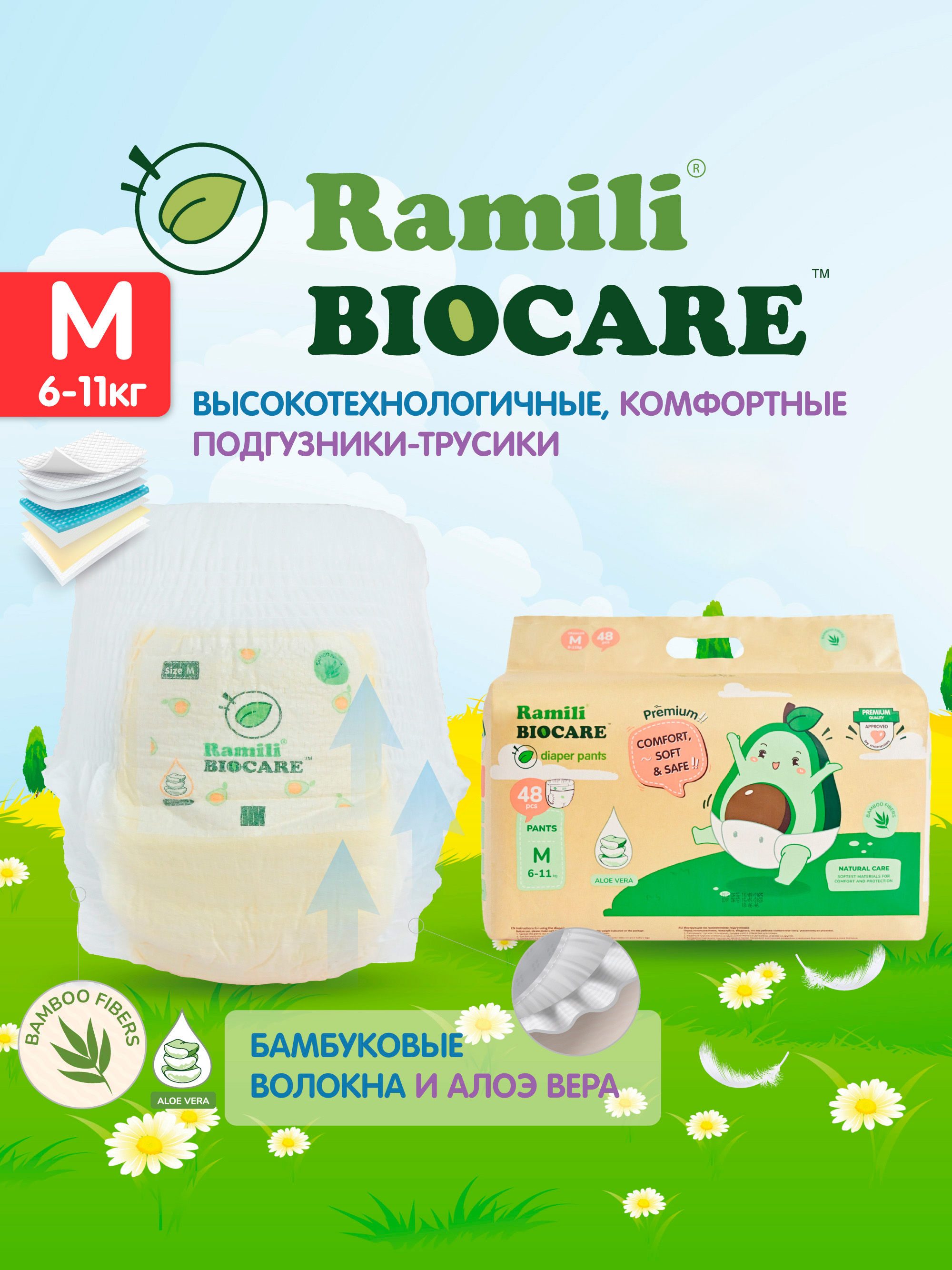 Изображение товара Подгузники Ramili Premium M 6-11 кг 48 шт - защита, комфорт, индикатор влаги