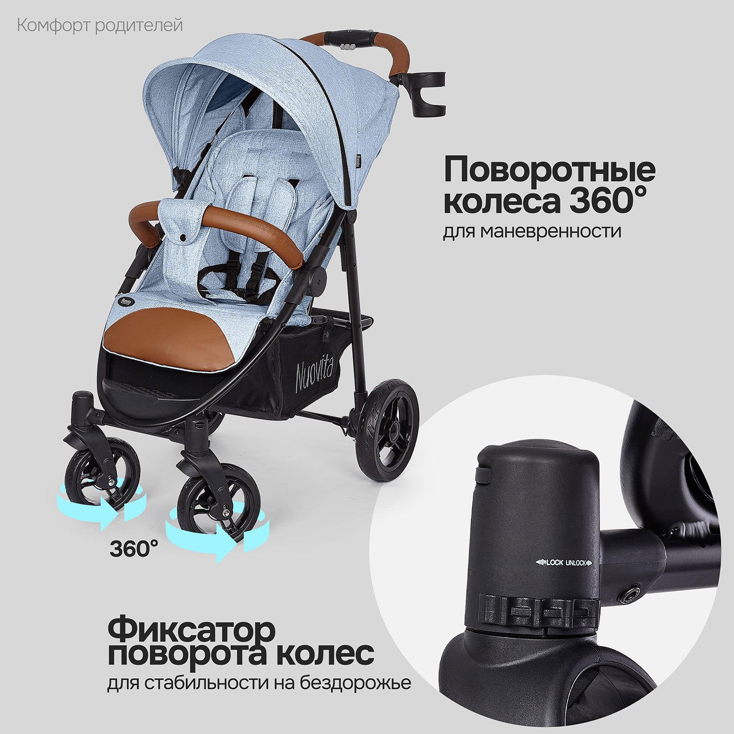 Коляска прогулочная Nuovita Corso голубой - фото 11