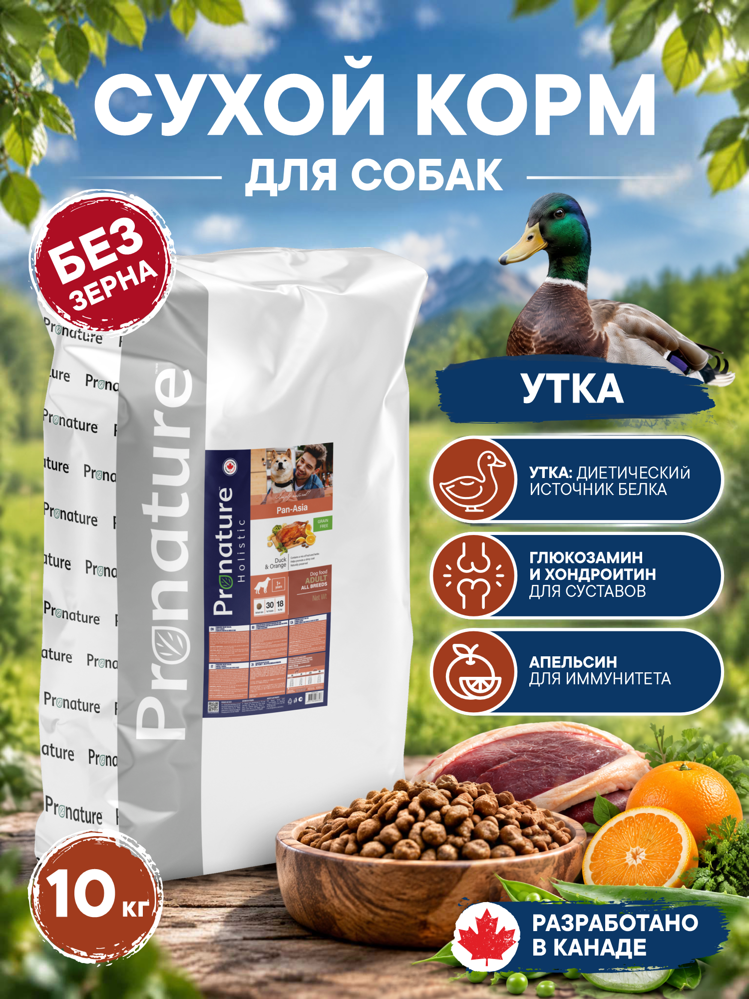 Корм для собак сухой Pronature Holistic Pan-Asia Grain Free беззерновой на утке с апельсином 10кг - фото 1