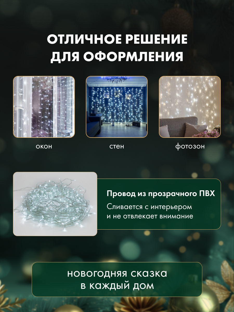 Светодиодная гирлянда NEON-NIGHT Дождь-занавес 2.5х2 м 8 режимов белое свечение 235-055 - фото 5