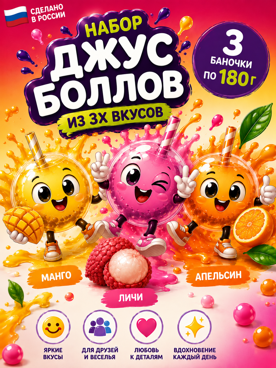 Набор Джус боллы шарики фруктовые BUBBLE BOSS со вкусом Манго Личи Апельсин - фото 2