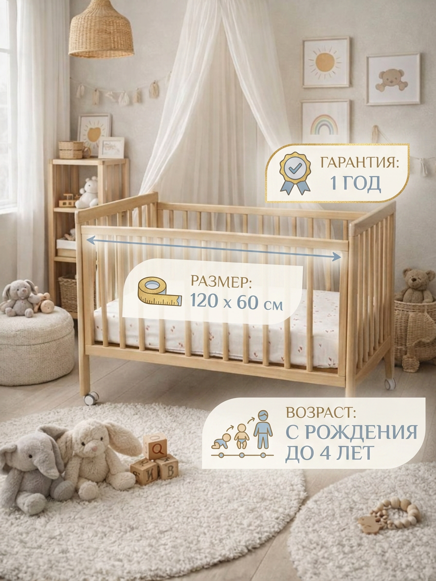 Детская кроватка Lillaland Lilla Aria lite, без маятника (береза) - фото 1