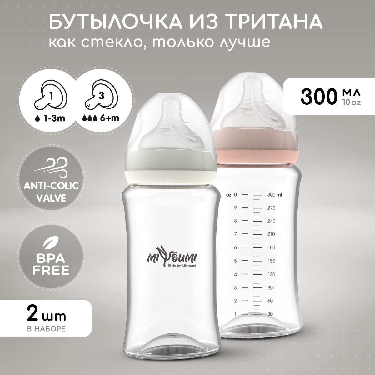 Бутылочка Miyoumi Anti-Colic 300 мл 2 шт. - фото 1