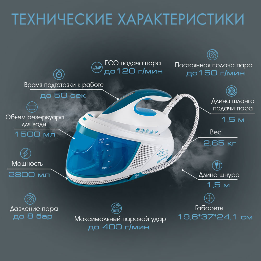 Парогенератор ENDEVER Delta-450 2200 Вт 4.5 бар 1800 г/ч 1.8 л, 6 насадок,отпариватель для одежды штор - фото 2