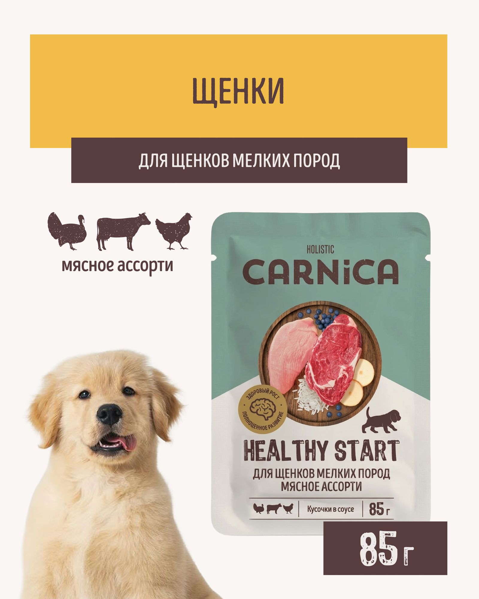 Корм полнорационный для щенков CARNICA для мелких пород до 10 месяцев кусочки с мясным ассорти в соусе 85г - фото 1