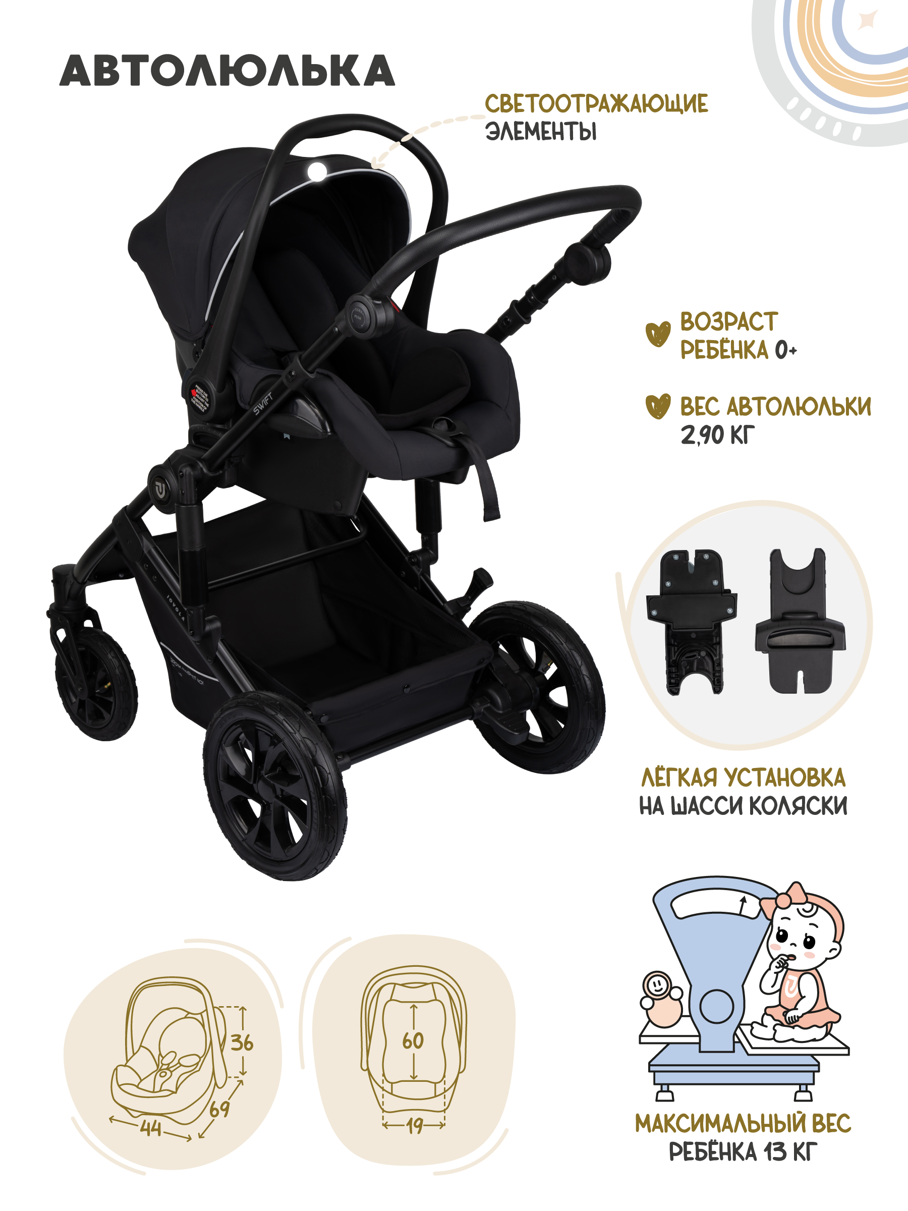 Коляска 3в1 JOVOLA Swift Plus черный - фото 6