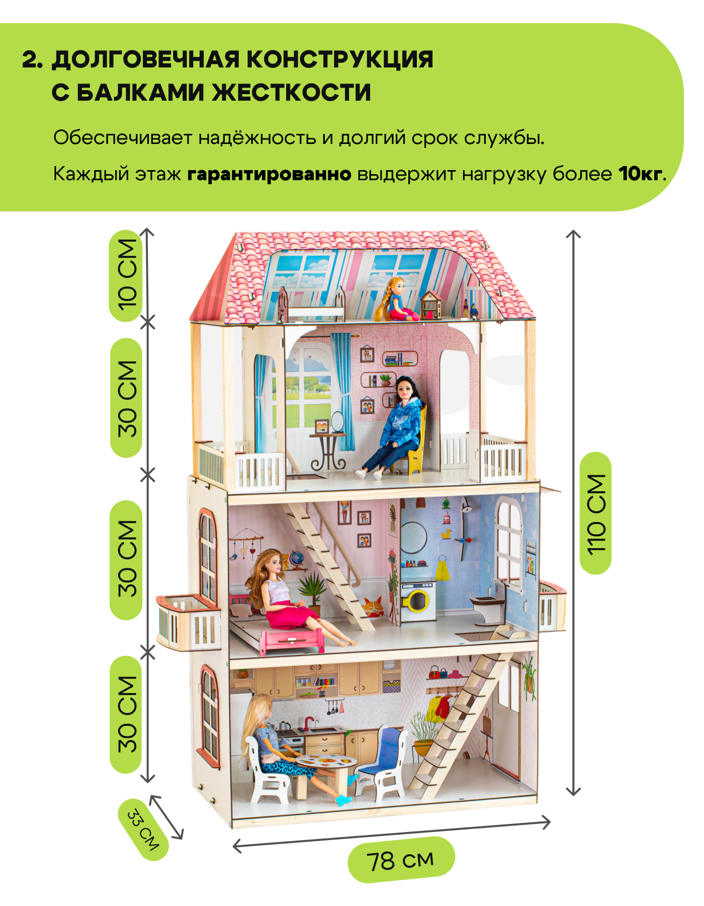 Домик для кукол M-WOOD 110 см с мебелью 3039 - фото 3