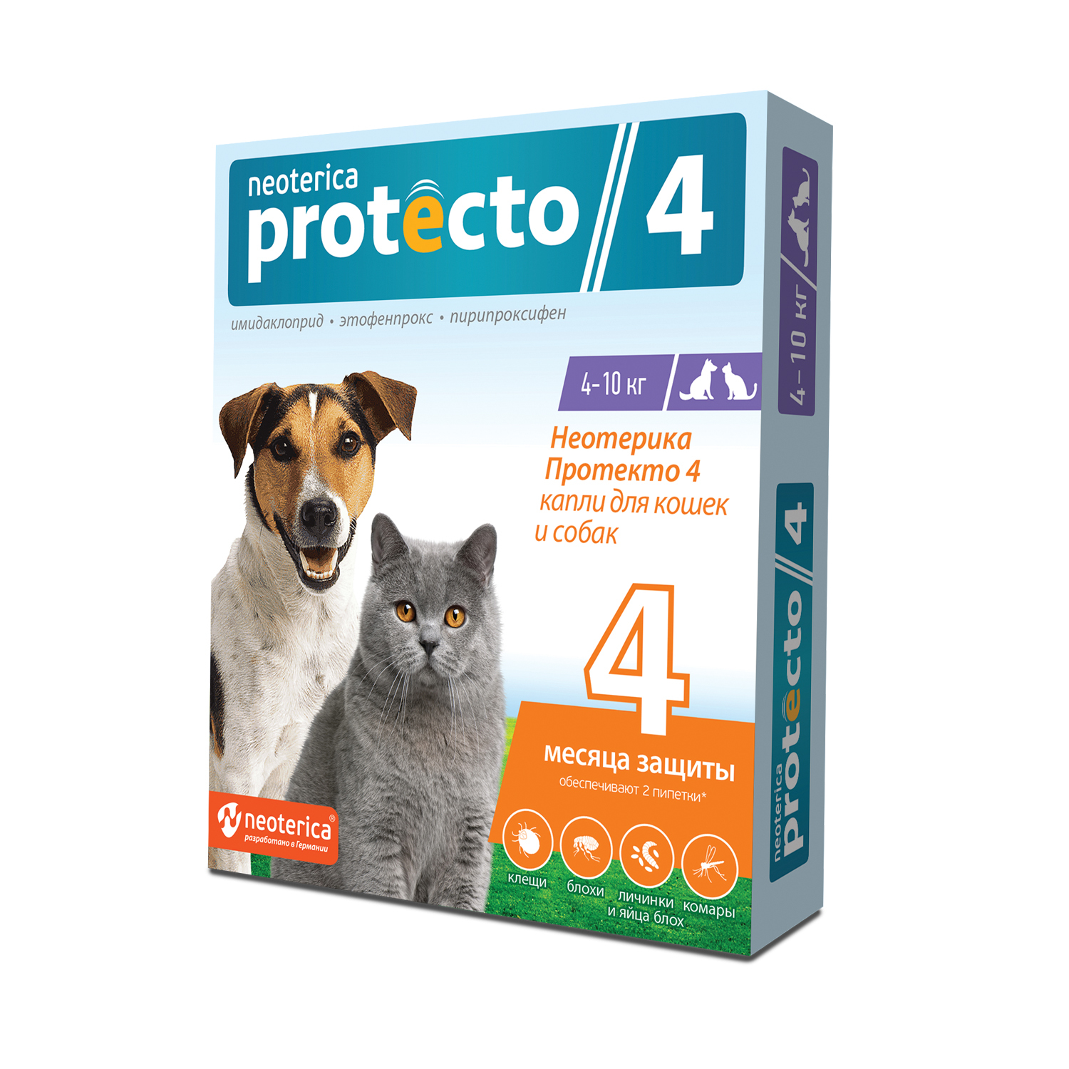 Капли на холку для кошек и собак Protecto 4 4-10кг от блох и клещей 1мл - фото 1