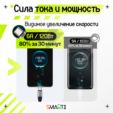 Кабель USB Type-C / USB Type-C SmartiNext для быстрой зарядки, 120Вт / 6А, 2 метра