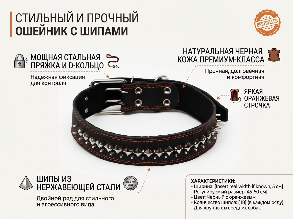 Ошейник Пижон кожаный на синтепоне Ёж 85 см чёрный - фото 1
