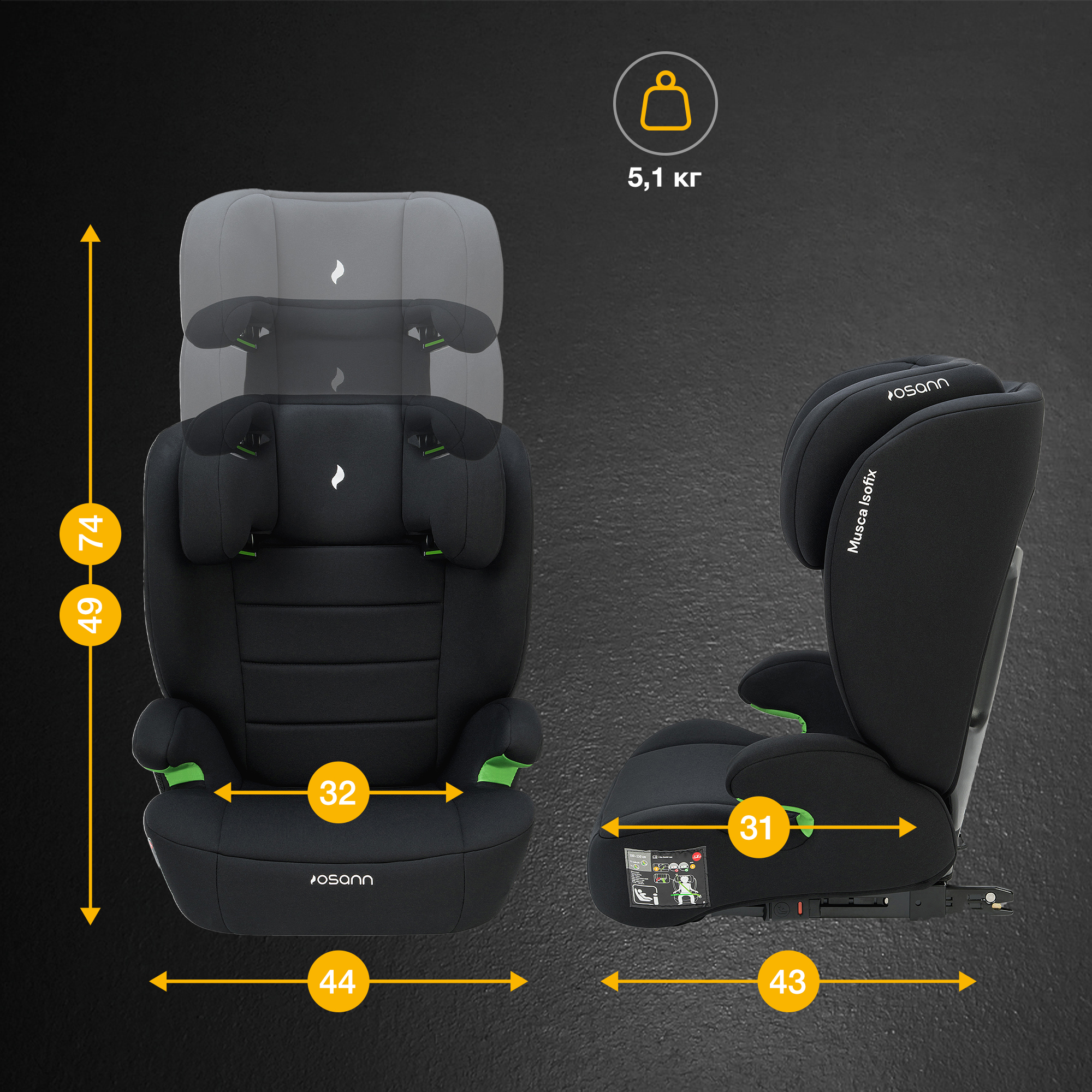 Автокресло Osann Musca Isofix Isofix 2/3 (15-36 кг) черный - фото 14