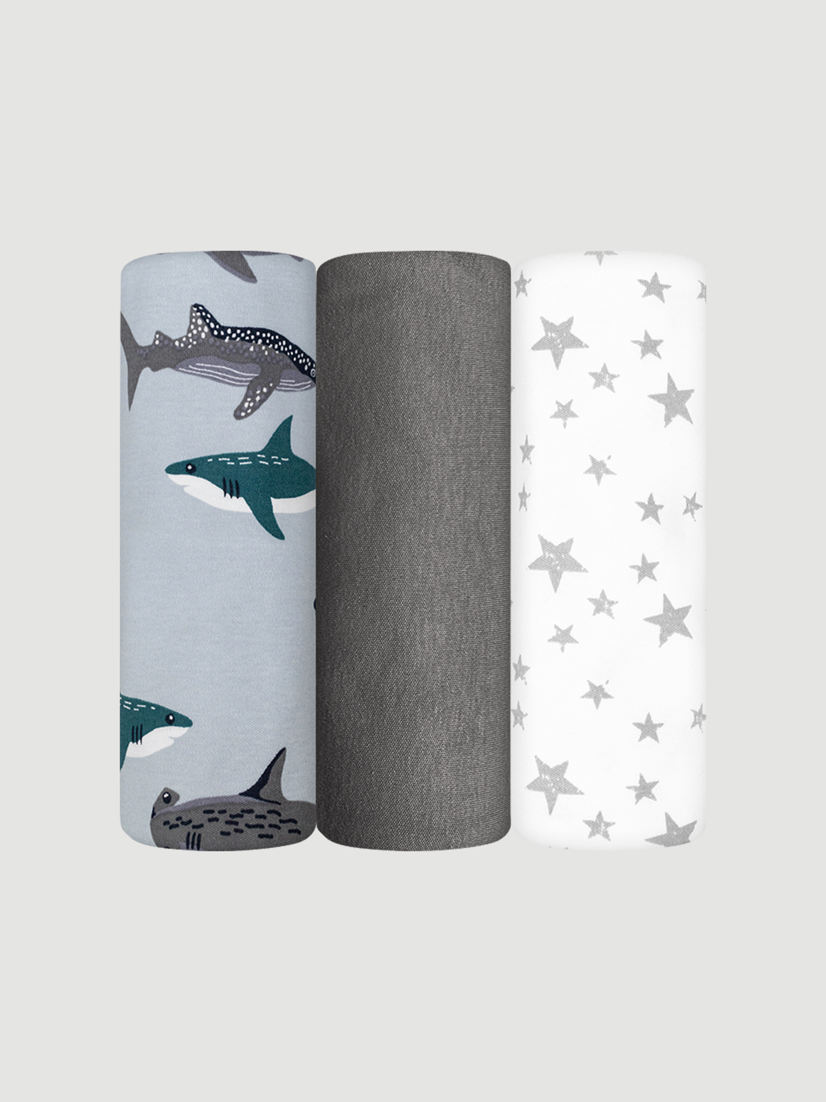 Пелёнка Mjolk Акулы/Звёзды/Steel Grey трикотаж 85х120 см 3 шт. - фото 1