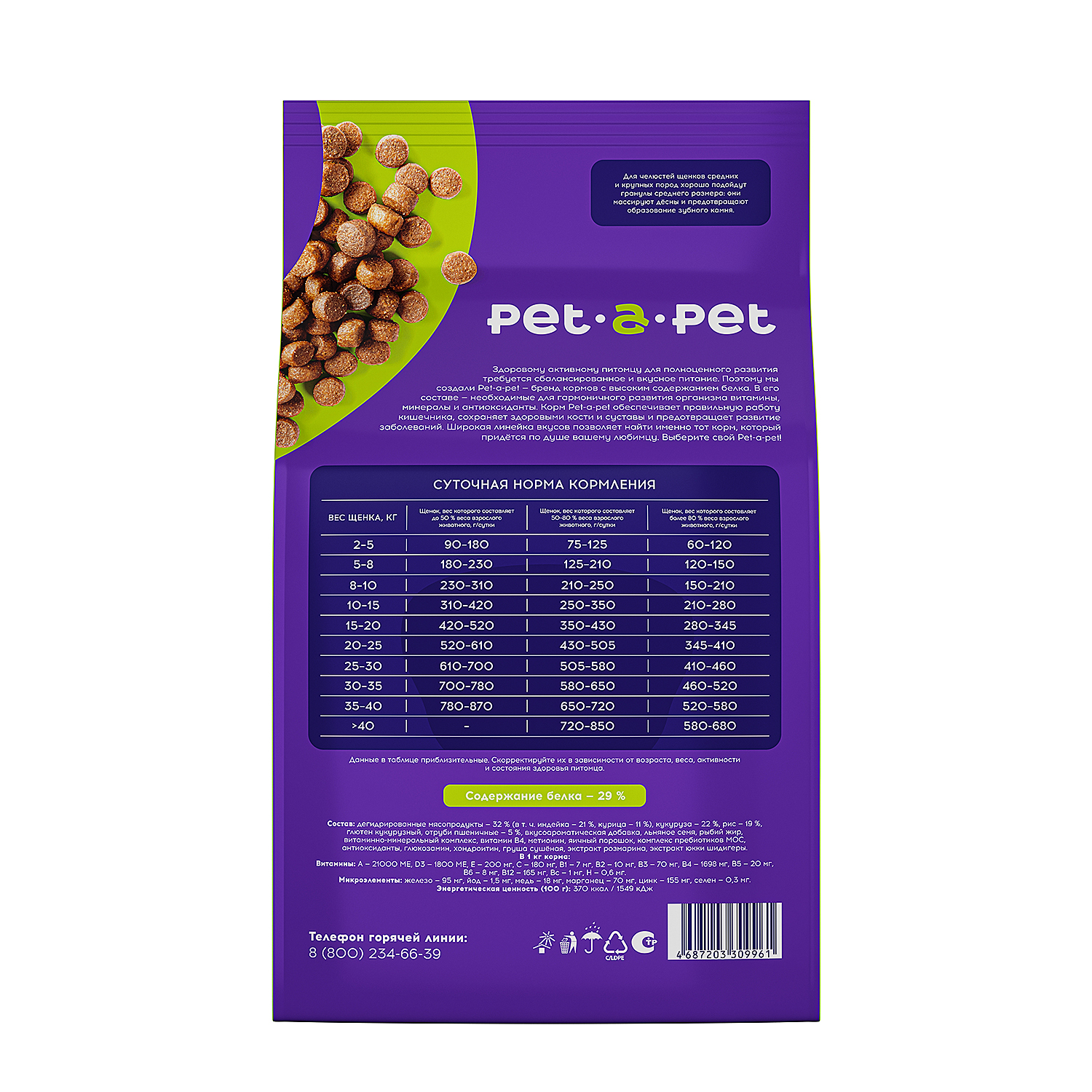 Корм для щенков средних и крупных пород Pet-a-Pet 10кг с индейкой - фото 3