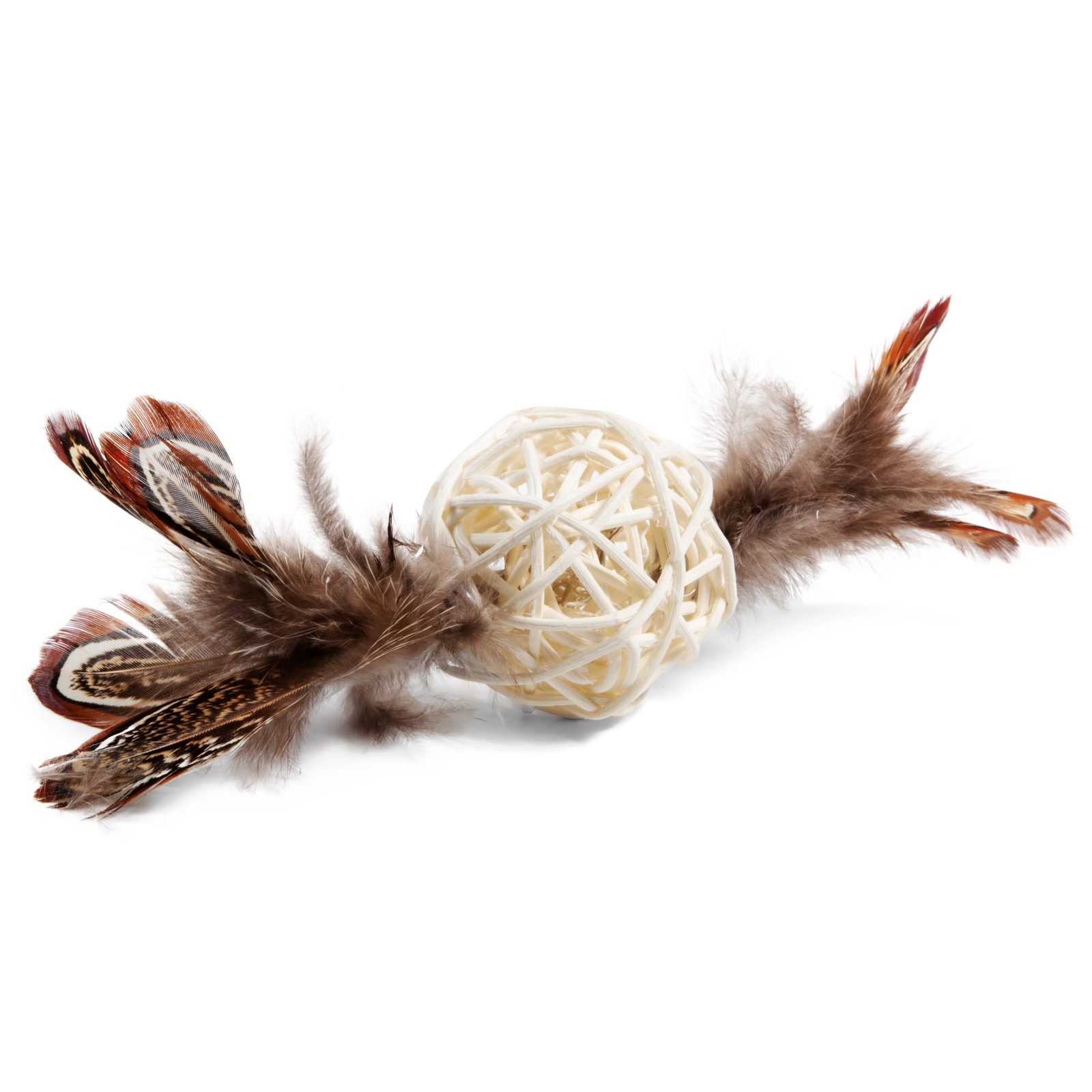 Игрушка для кошек GiGwi Catch and Scratch Eco Мячик плетеный с колокольчиком и перьями 75438 - фото 1