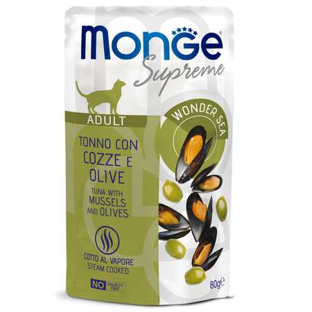 Корм для кошек Monge 80г Supreme аdult cat тунец с мидиями и оливками пауч