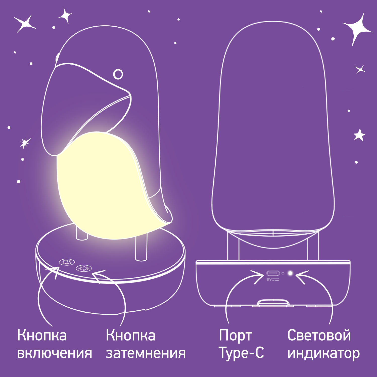 Ночник детский ROXY-KIDS Тукан USB TYPE-C с аккумулятором цвет розовый - фото 4