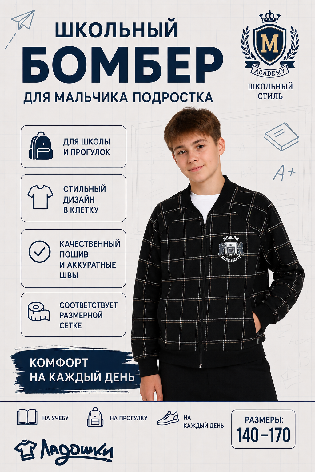 Бомбер ЛАДОШКИ Толстовка Колледж черная клетка - фото 9