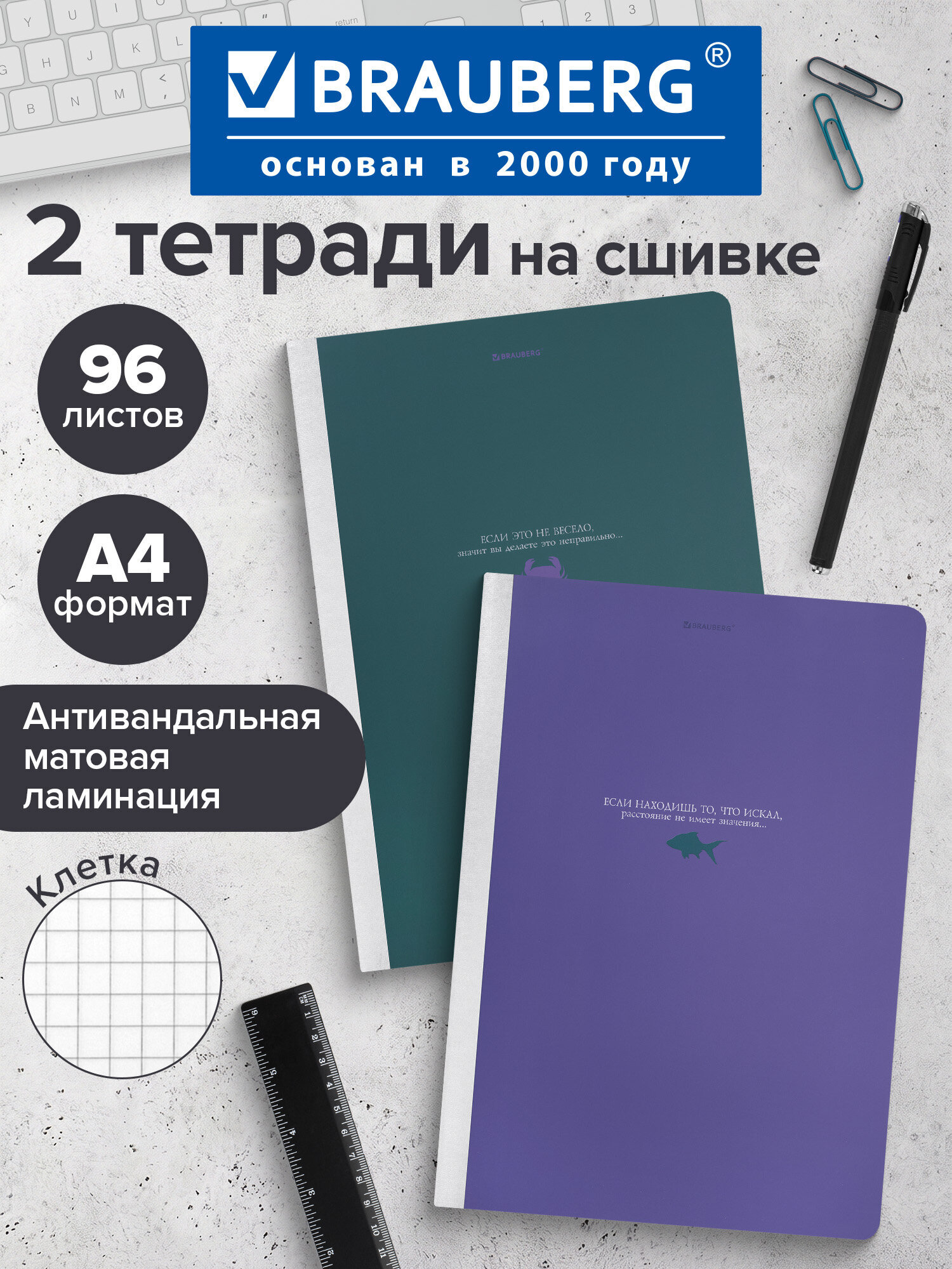 Тетрадь Brauberg клетка 96 лист. 2 шт. - фото 1