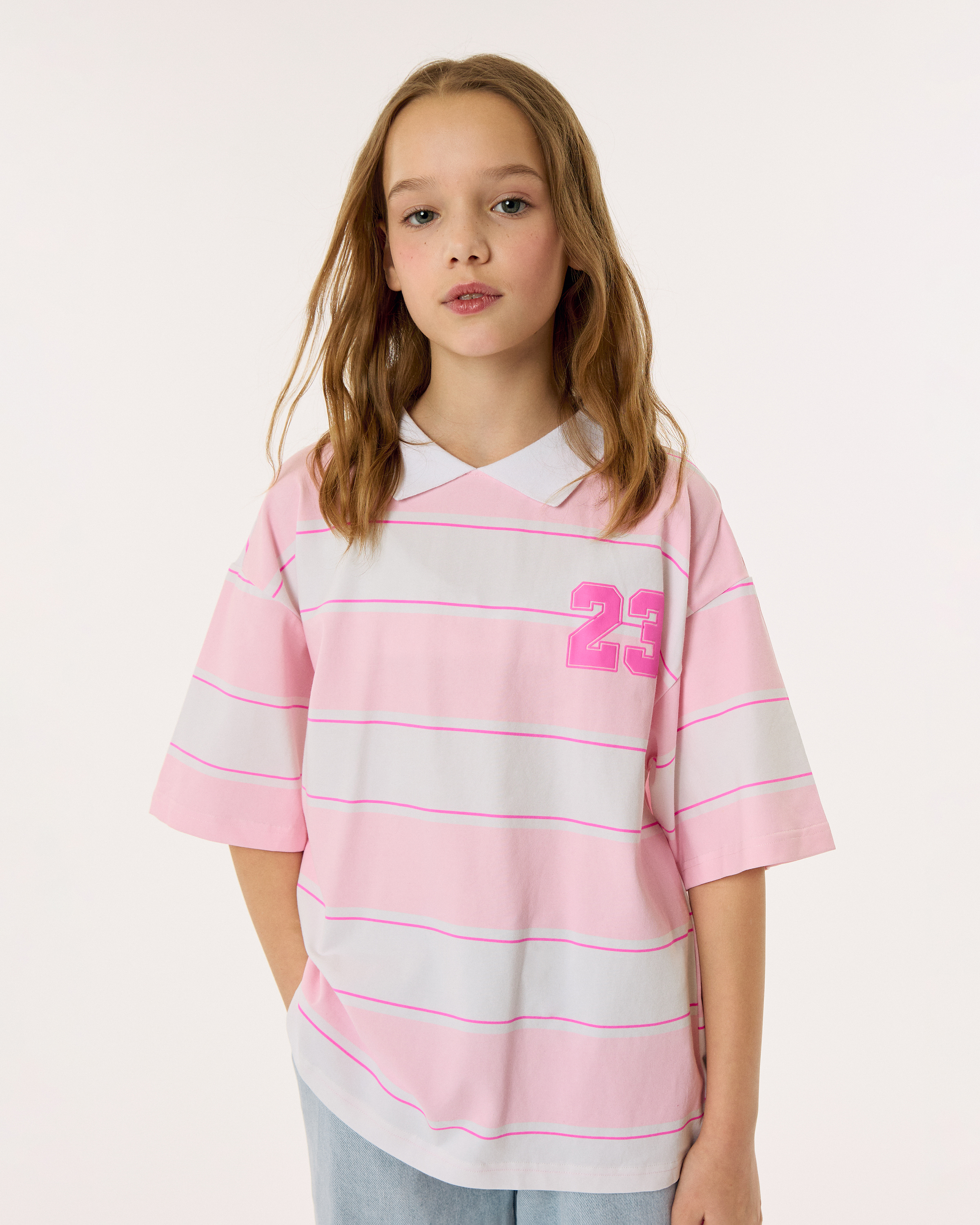 Изображение товара Футболка Futurino Fashion для девочки, розовая полоска, воротник поло