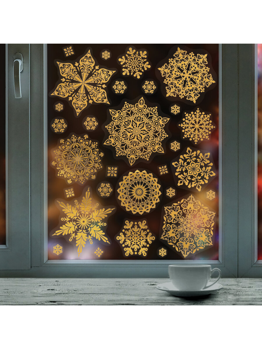 Новогодние наклейки Золотая сказка на окна и стекла многоразовые Снежинки 4 листа 30x38 см - фото 9