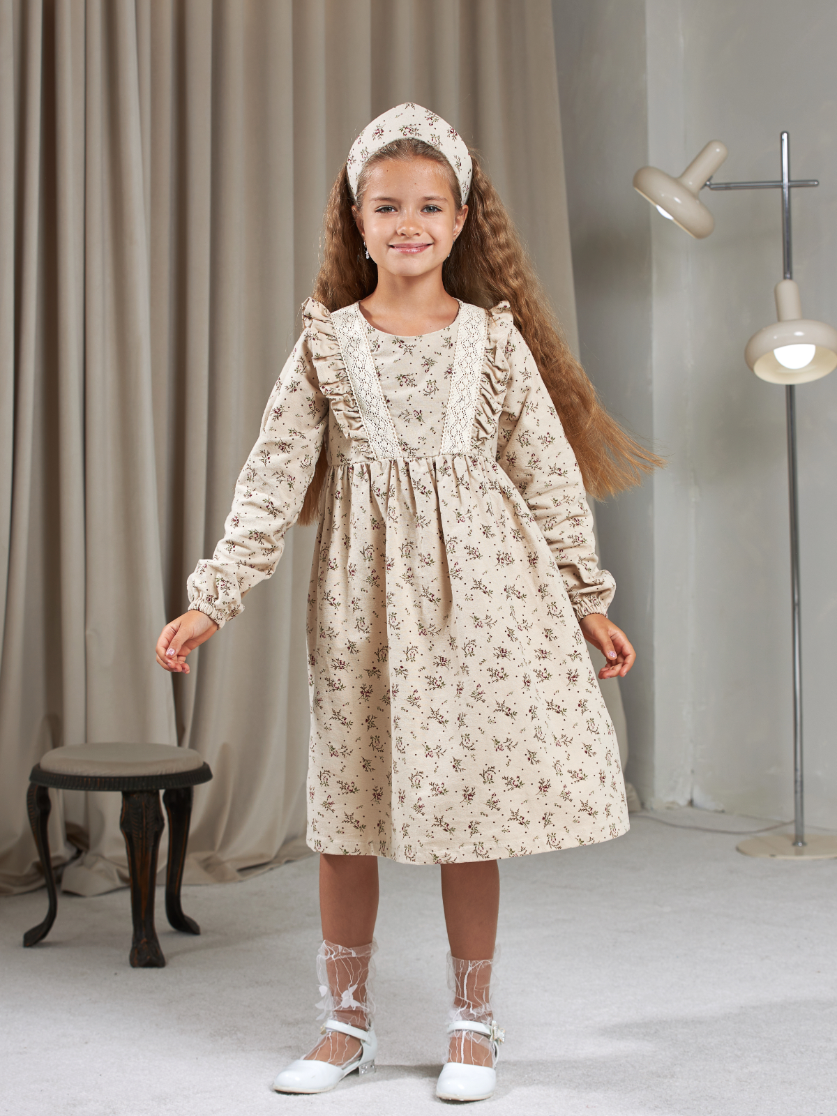 Платье MOUN платье_фланель/кружево_букет/беж - фото 1