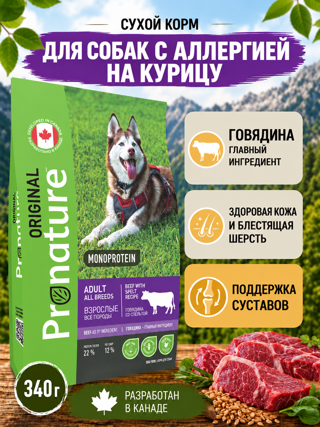 Корм для собак всех пород сухой Pronature Original на говядине 340г - фото 1