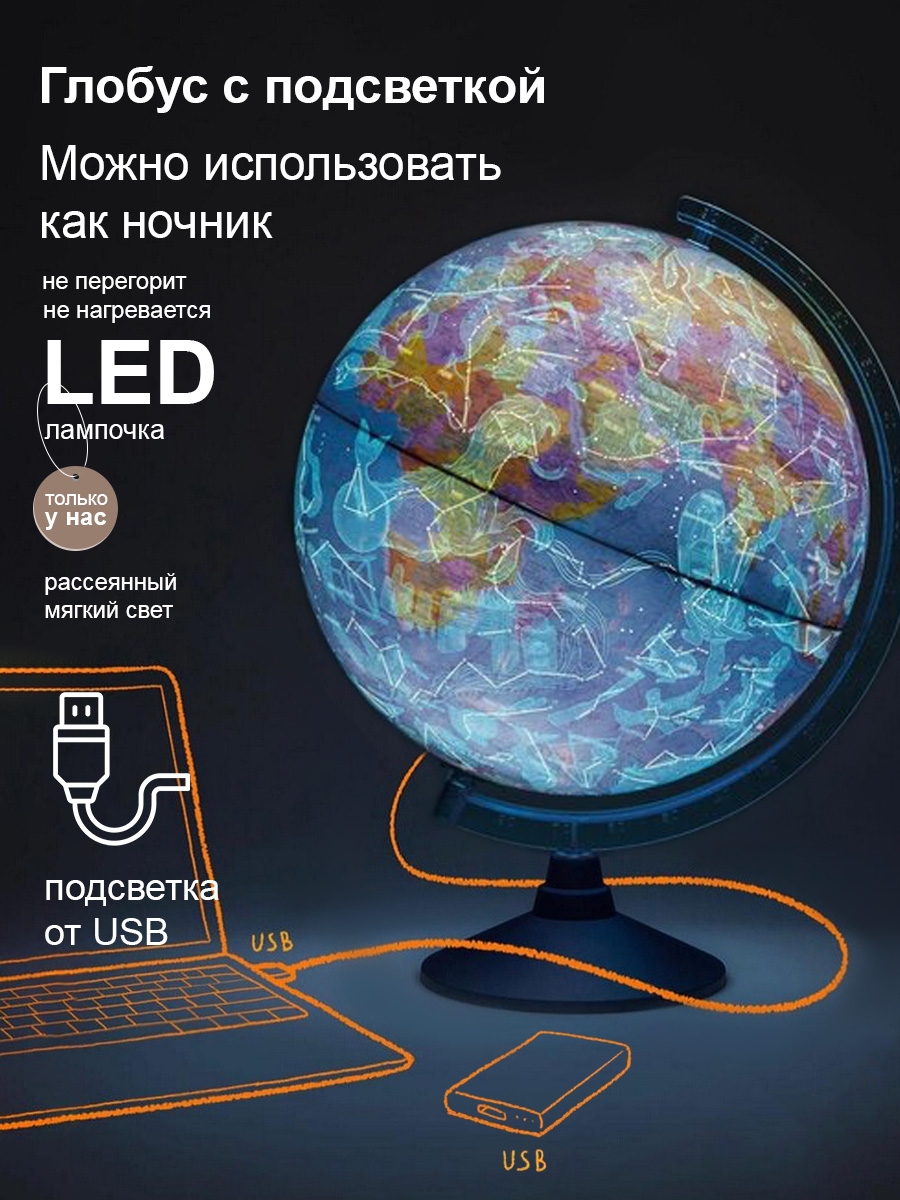Глобус Globen День и Ночь две карты политика и Звездное Небо 25 см подсветка от USB - фото 2