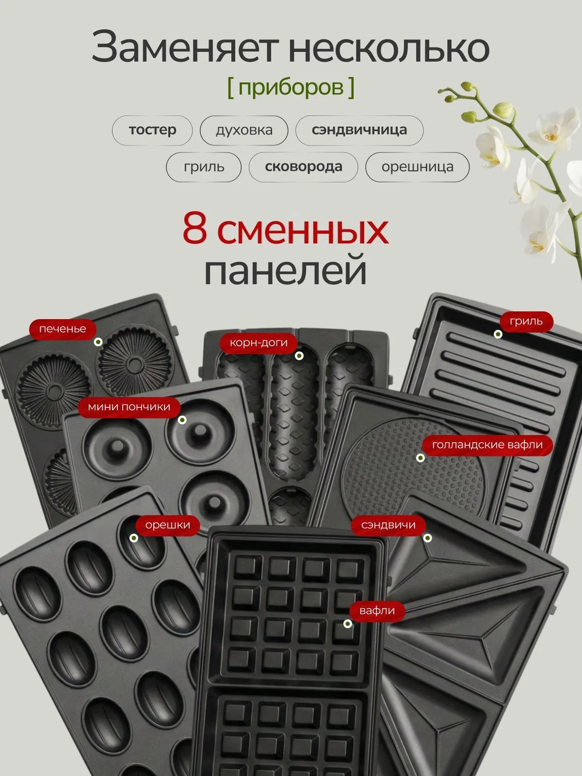 Мультипекарь CASTLELADY Вафельница гриль электрический 8 в 1 800 W - фото 2