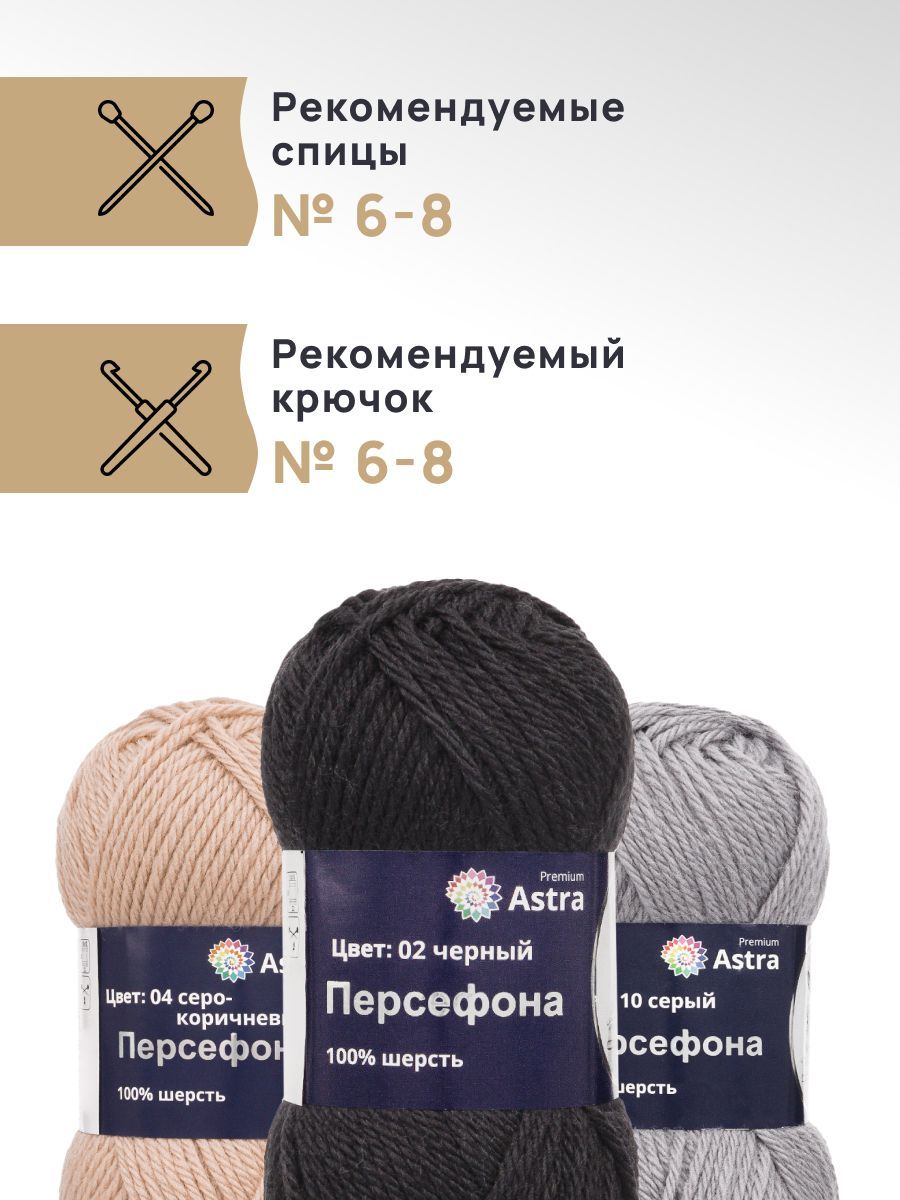 Пряжа Astra Premium Персефона шерстяная 100 г 100 м 02 черный 3 мотка - фото 2