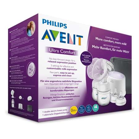 Молокоотсос Philips Avent двойной электронный +2бутылочки 125мл+2соски+сумка SCF334/31