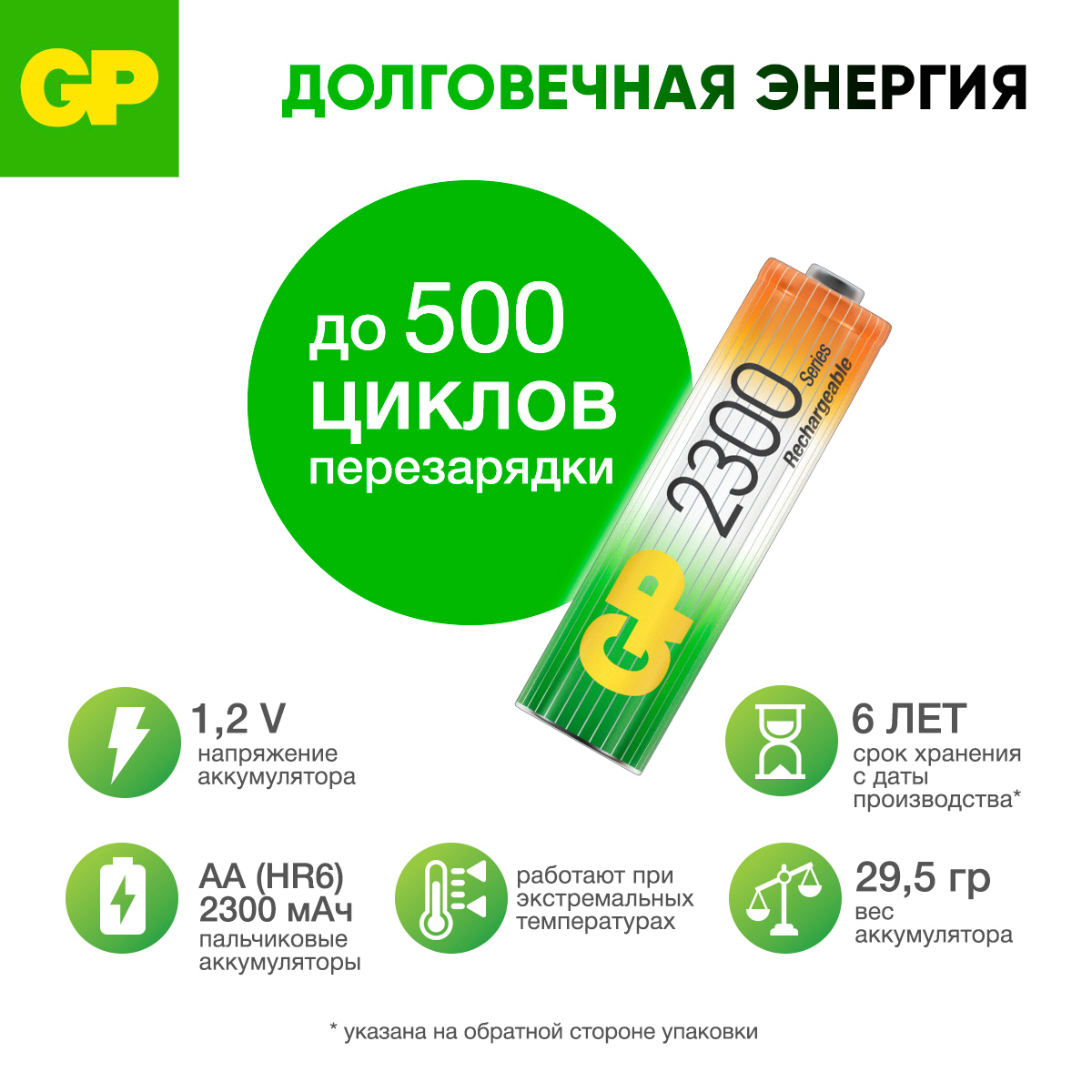Перезаряжаемые аккумуляторы GP 230AAHC AA емкость 2200 мАч - 4 шт в клемшеле - фото 2