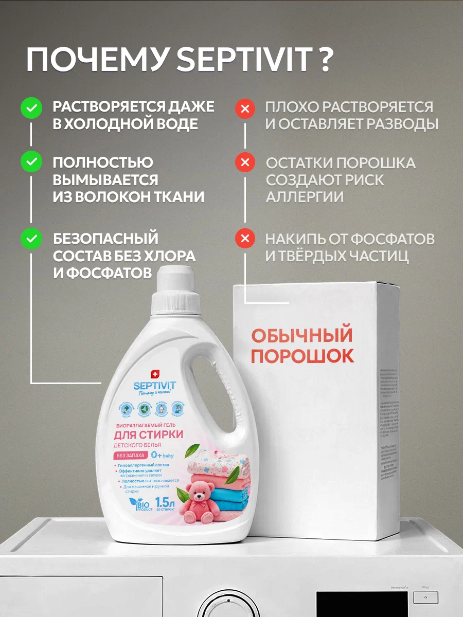 Гель для стирки SEPTIVIT детский без запаха 0+ 1.5 л - фото 9