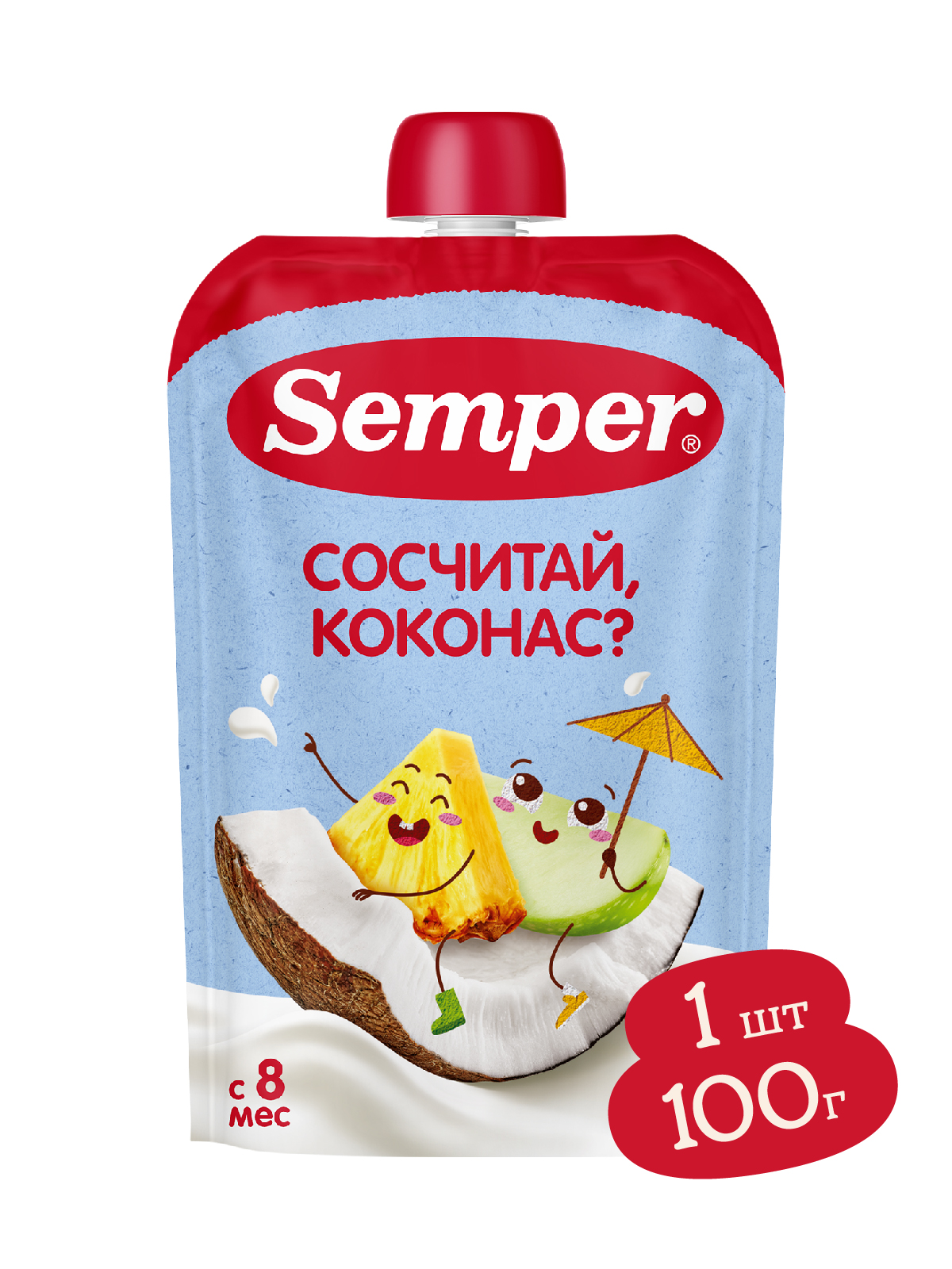 Изображение товара Детское фруктовое пюре Semper Яблоко-банан-ананас-кокос 100 г от 8 мес