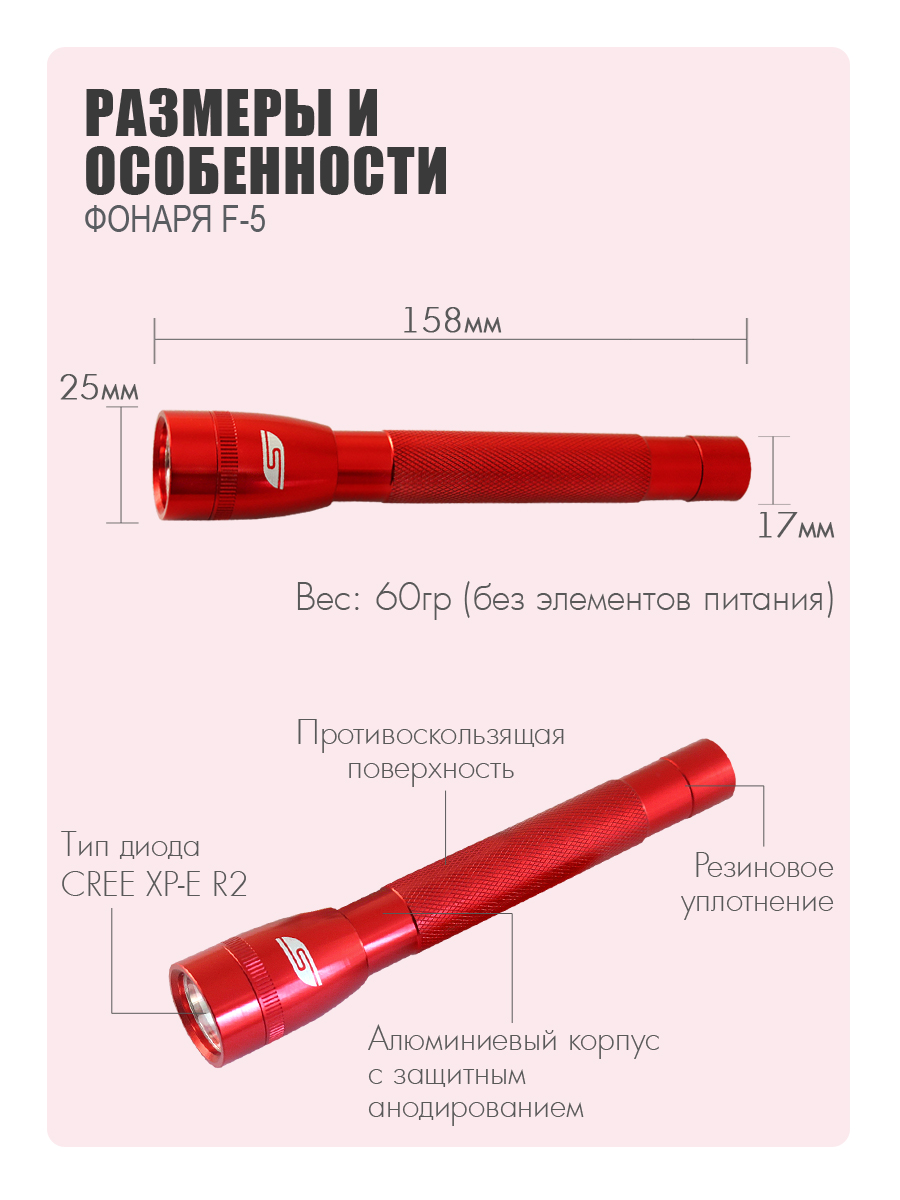 Ручной фонарь Solaris Красный светодиодный F-5 - фото 3