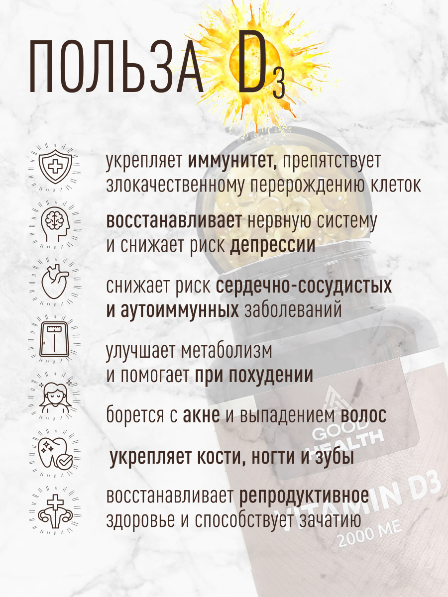 Витамин Д3 2000 МЕ, 120 капсул GOOD HEALTH биологически активная добавка к пище для мужчин и женщин - фото 3