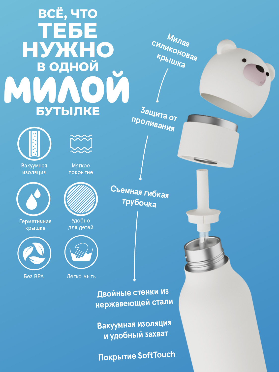 Термобутылка ASOBU Bestie Медведь, 460 мл - фото 3