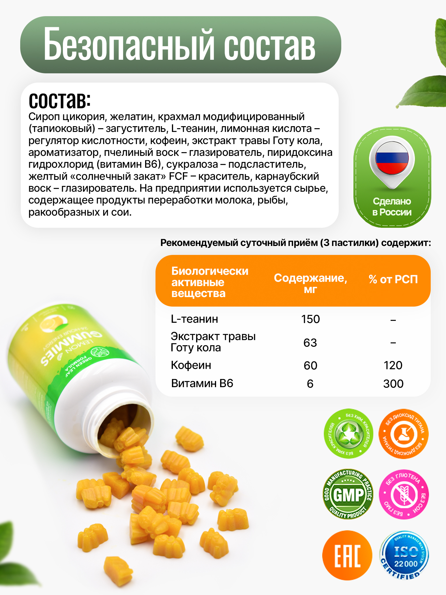 Мармеладные витамины для энергии Green Leaf Formula со вкусом лайма и лимона для бодрости и пробуждения - фото 6