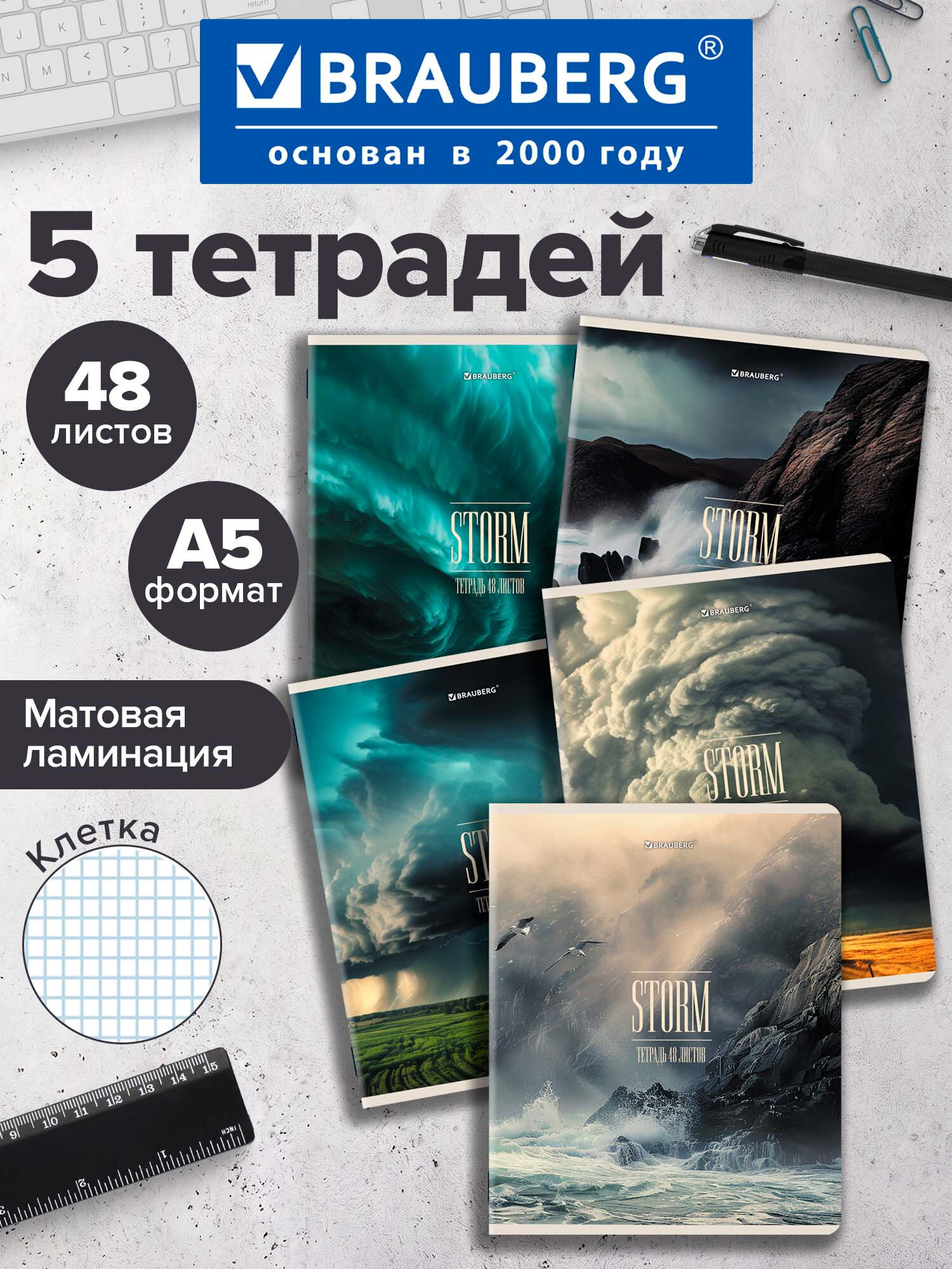 Тетрадь Brauberg клетка 48 лист. 5 шт. - фото 1