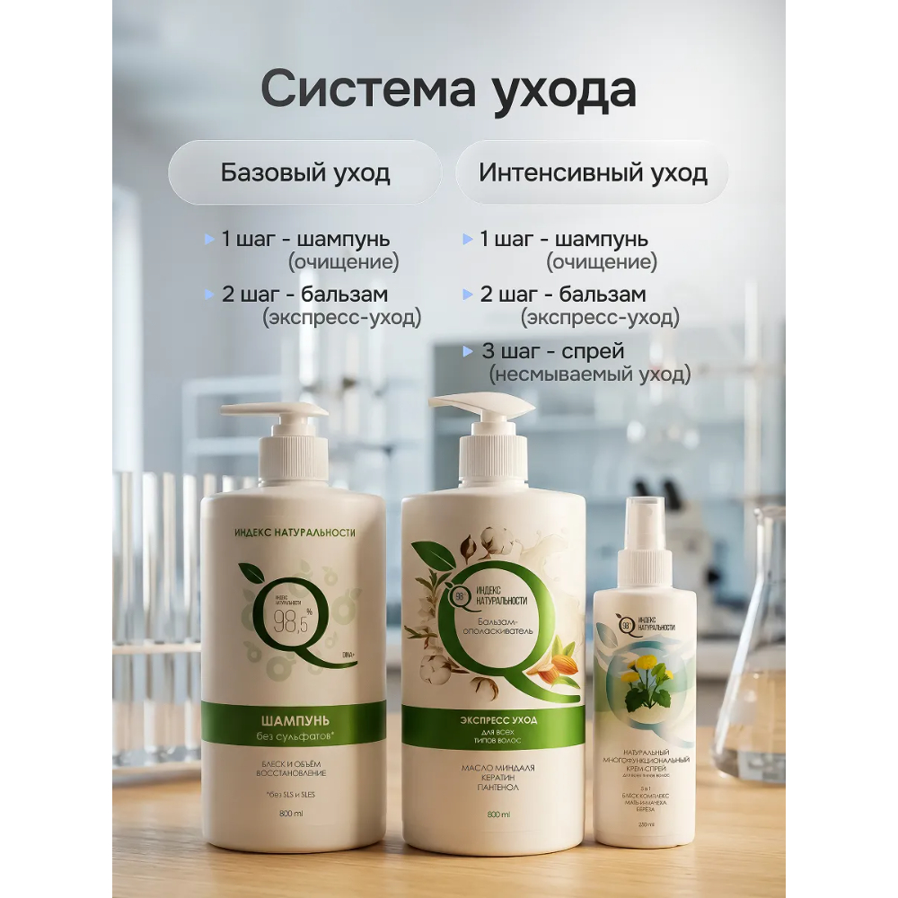 Набор для ухода за волосами Индекс Натуральности Шампунь 800 мл + Бальзам-ополаскиватель 800 мл + Спрей 5 в 1 250 мл - фото 11