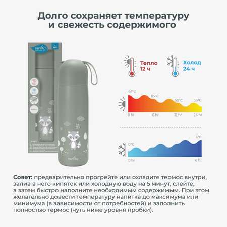 Термос детский для воды, чая, напитков Nuvita с кружкой и силиконовой ручкой 400 мл серо-зеленый