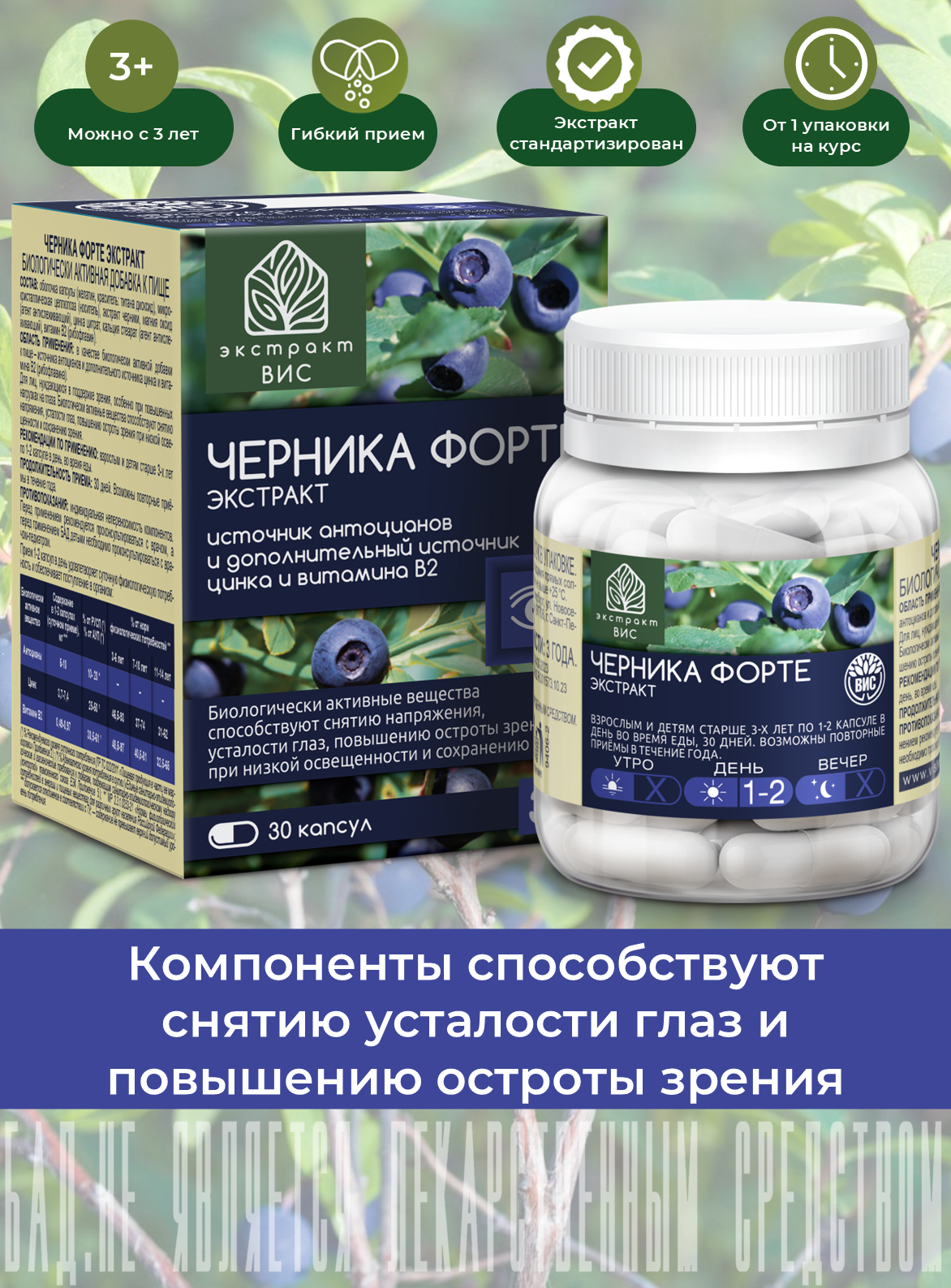 БАД Экстракт-ВИС Черника форте с цинком 0.3г N30 - фото 1