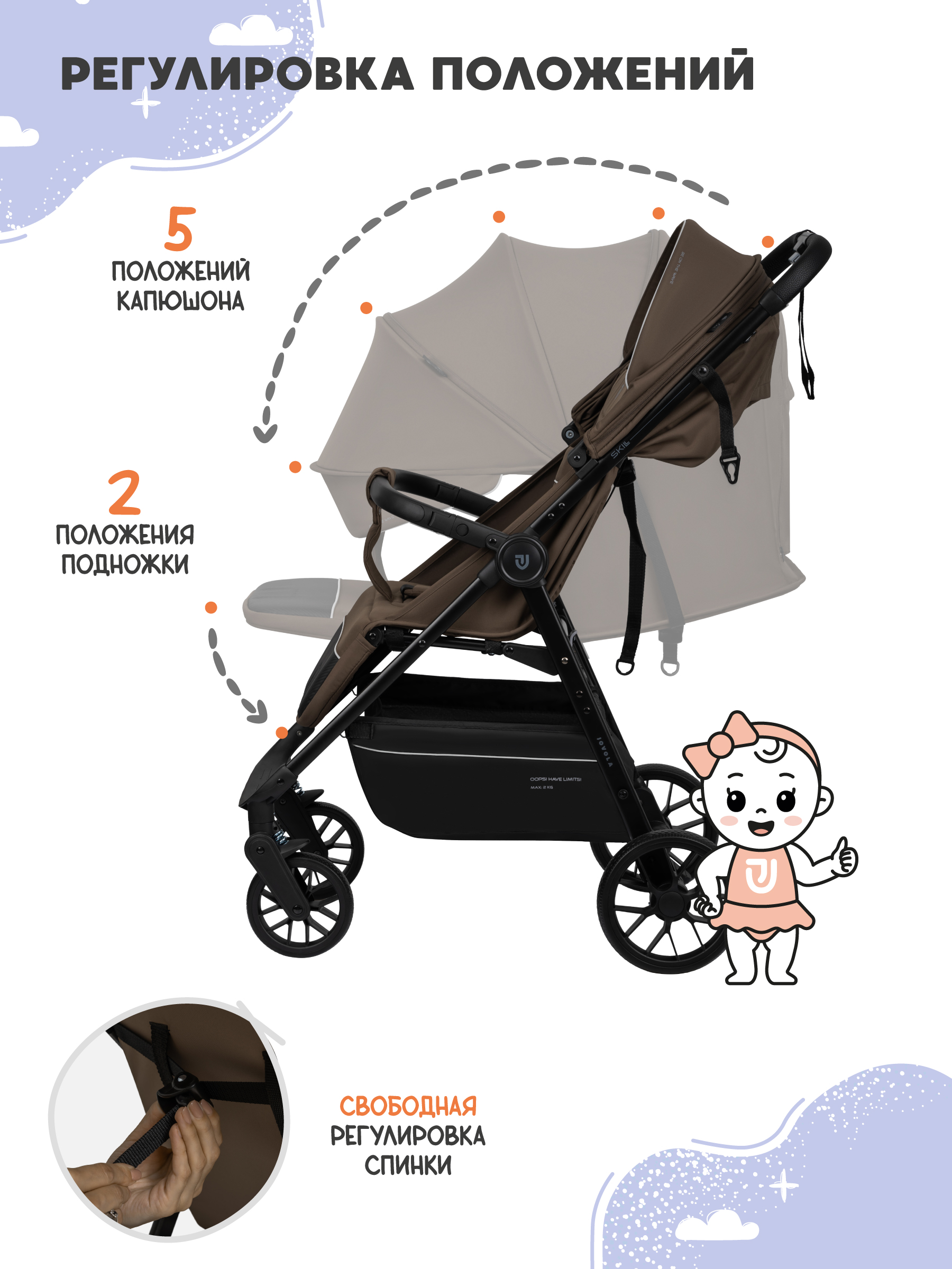Коляска прогулочная JOVOLA Skill коричневый - фото 4