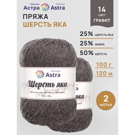 Пряжа Astra Premium Шерсть яка Yak wool теплая мягкая 100 г 120 м 14 графит 2 мотка