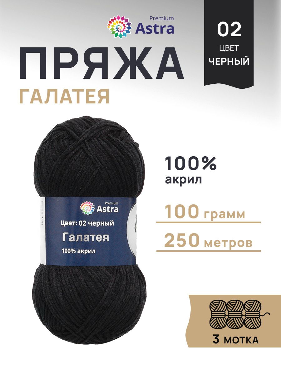 Пряжа Astra Premium Галатея акриловая 100 г 250 м 02 черный 3 мотка - фото 1