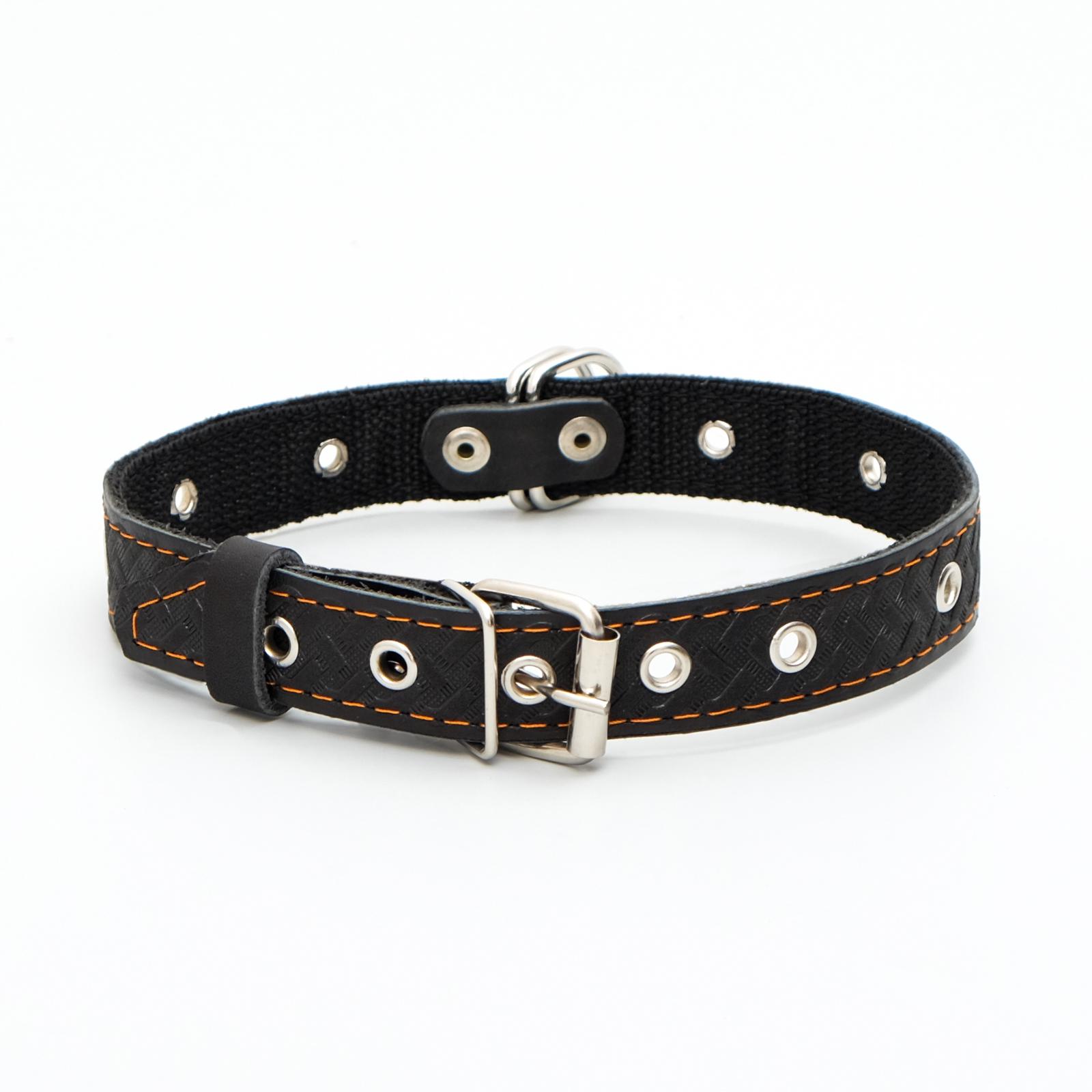 Ошейник Пижон кожаный усиленный капроном с полукольцом 55х2.5 см ОШ 27-53 см чёрный - фото 2