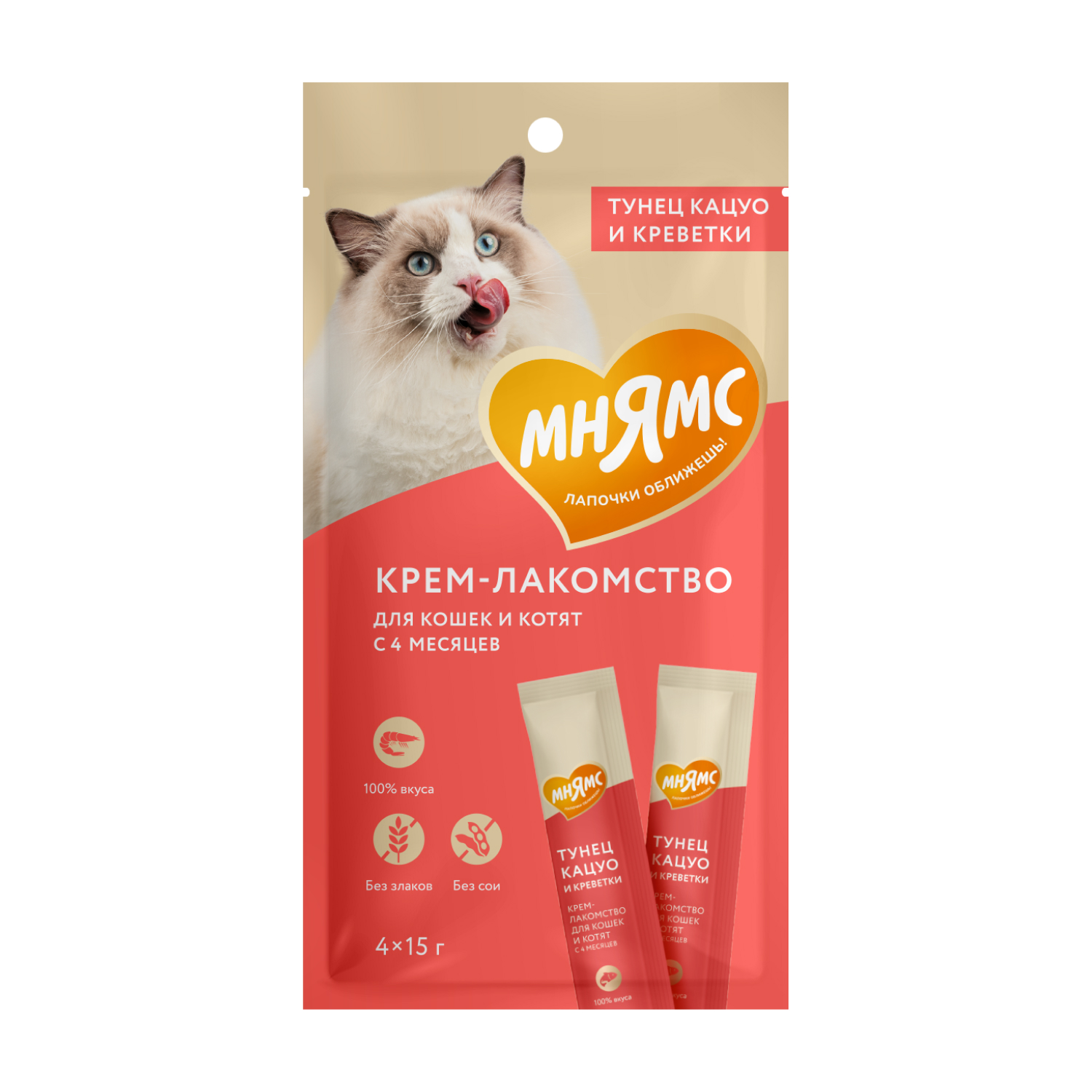 Крем-лакомство для кошек Мнямс с тунцом Кацуо и креветками 15г*4шт - фото 1