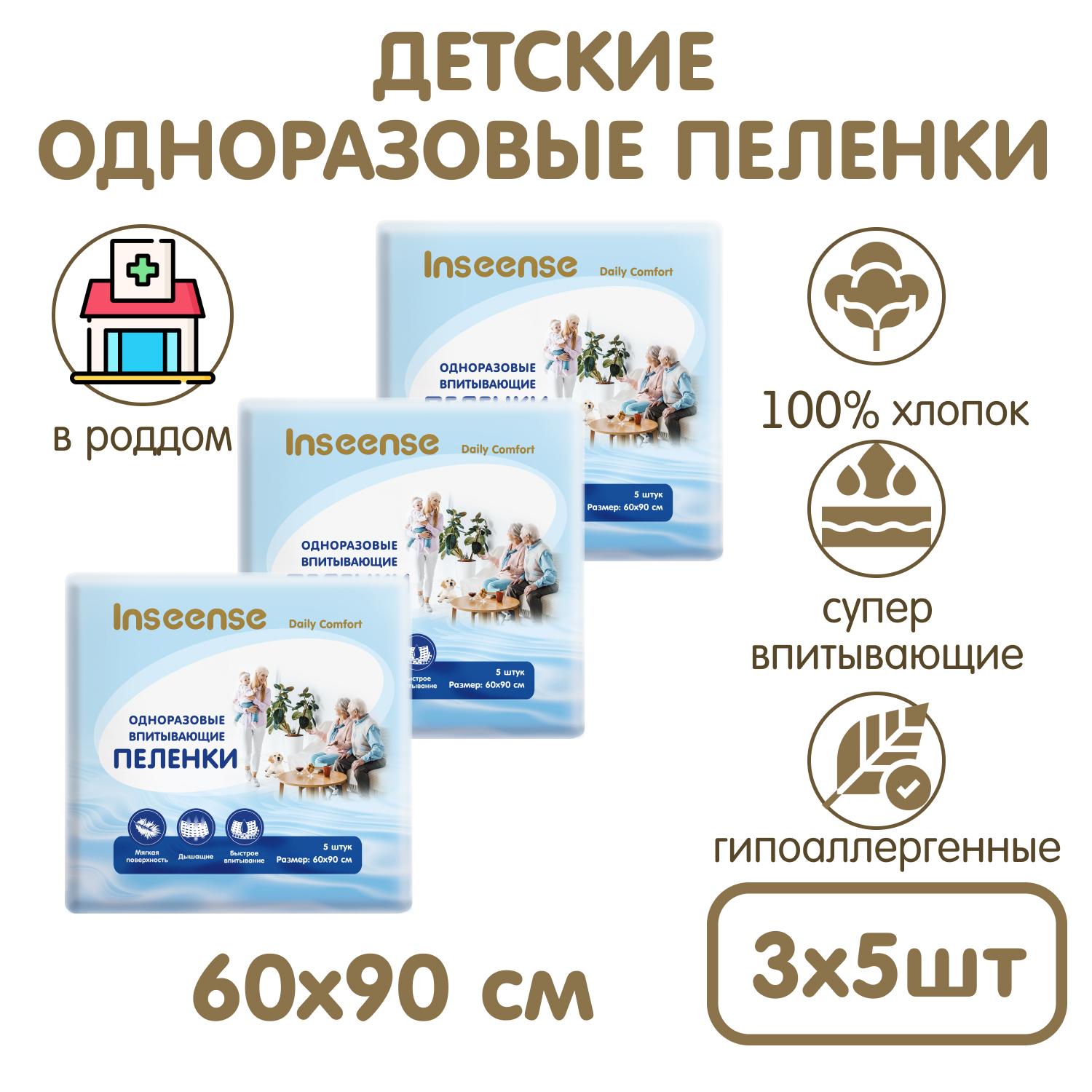Пелёнки одноразовые INSEENSE 60х90 см 3 упак. 5 шт. - фото 1